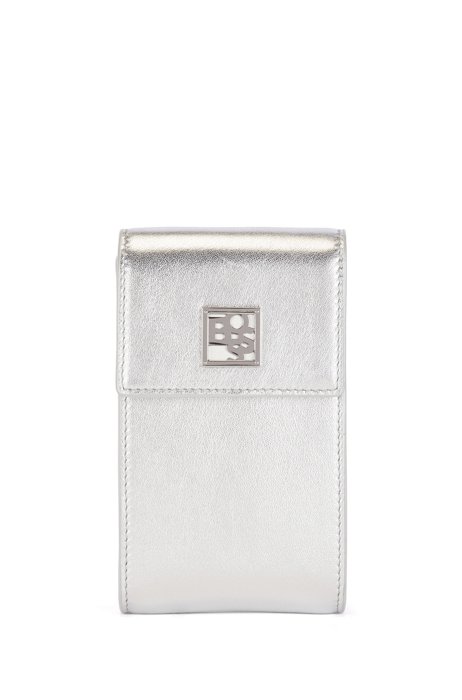 Phone holder in laminated leather with chain strap, Silver