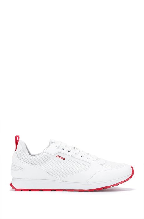 Mixed-material trainers with branding, White