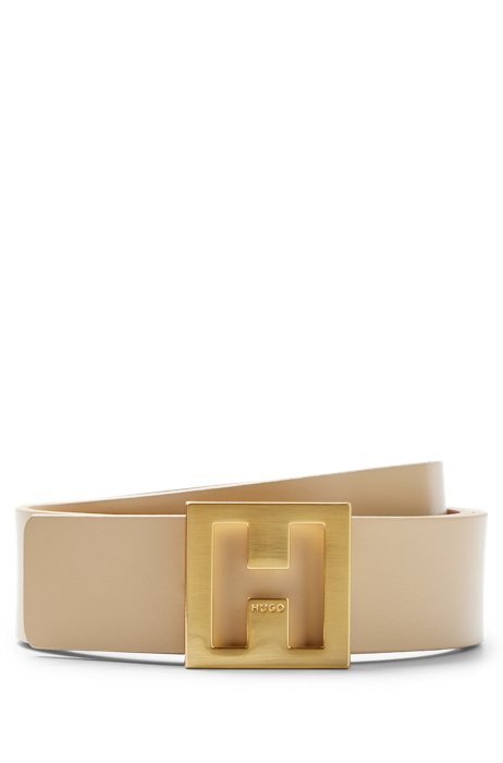 Reversible belt in Italian leather with signature buckle, Light Beige