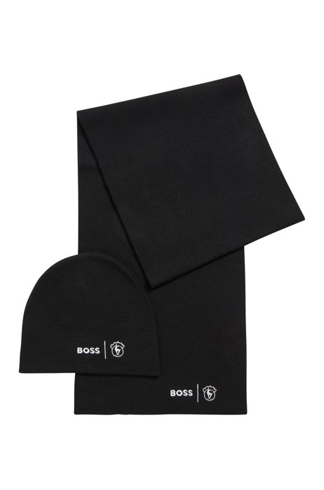 Set de bufanda y gorro de punto con detalle de la marca, Negro