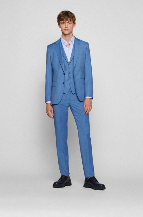 Three-piece slim-fit suit in virgin wool, Blue