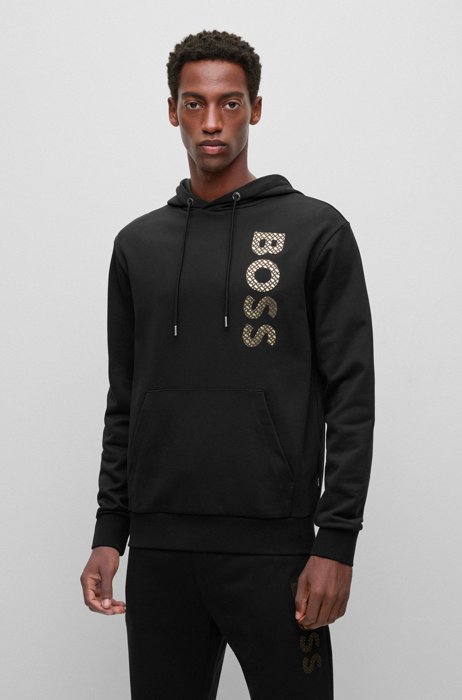 Monogram-filled logo hoodie in French-terry cotton, Black