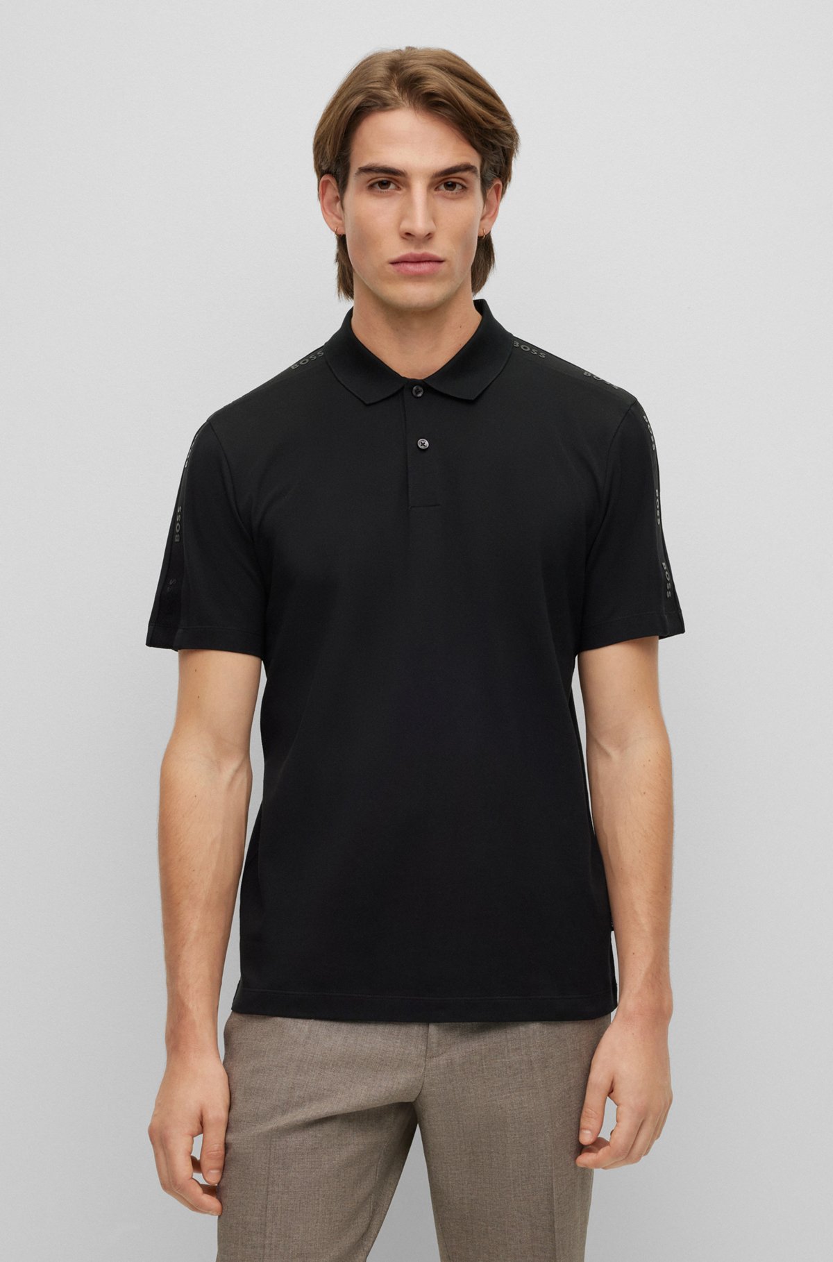 BOSS - Mercerised-cotton polo shirt with logo inserts