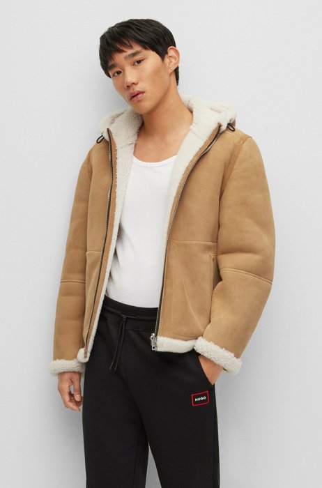 Regular-fit reversible jacket in shearling and suede, Brown