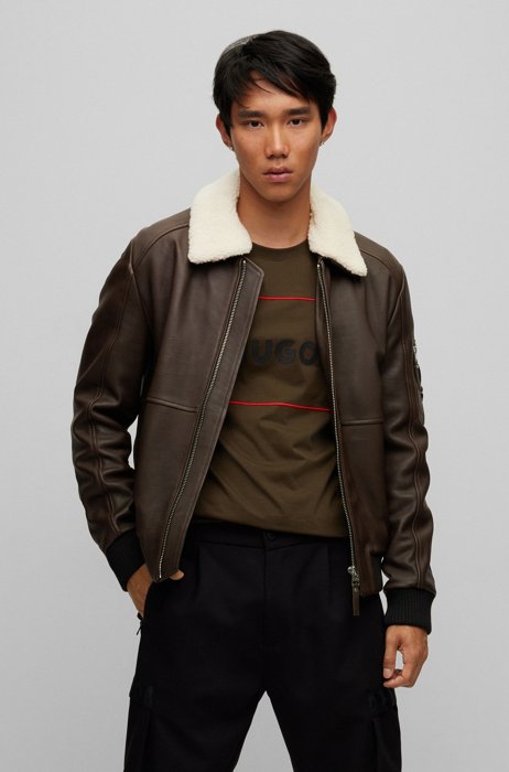 Regular-fit biker jacket in leather with teddy trim, Dark Brown