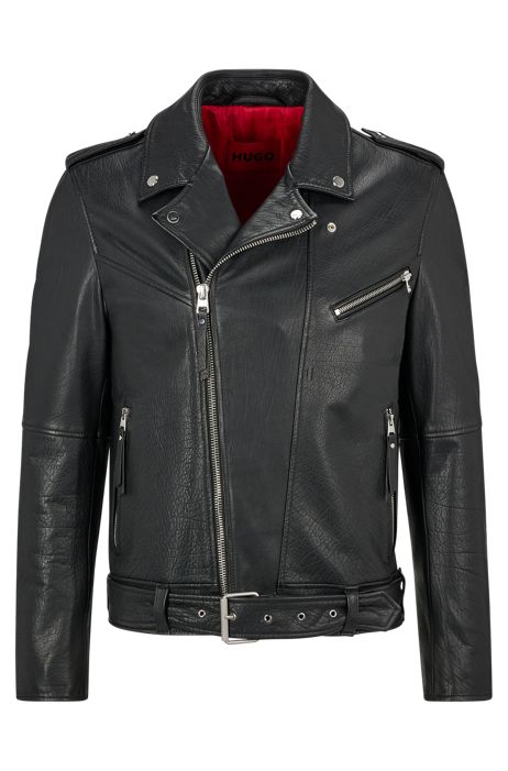HUGO - Buffalo-leather jacket with contrast lining and branded trims