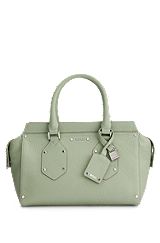 Grained-leather tote bag with branded padlock and tag, Light Green