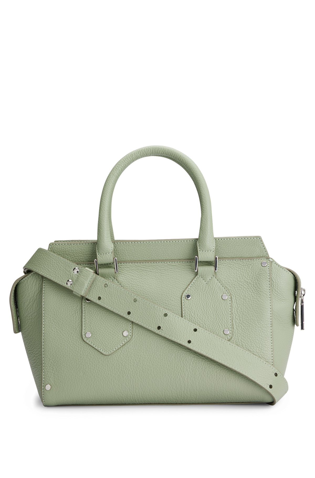 Grained-leather tote bag with branded padlock and tag, Light Green