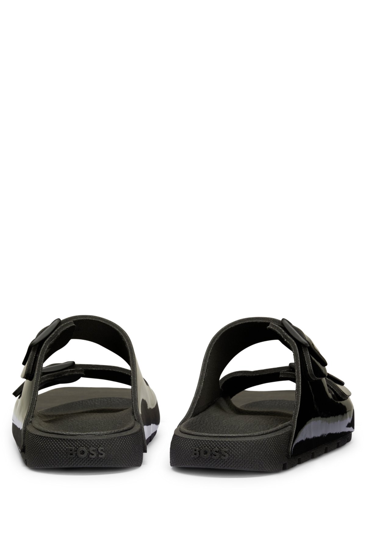 Glossy twin-strap sandals with logo buckles, Black