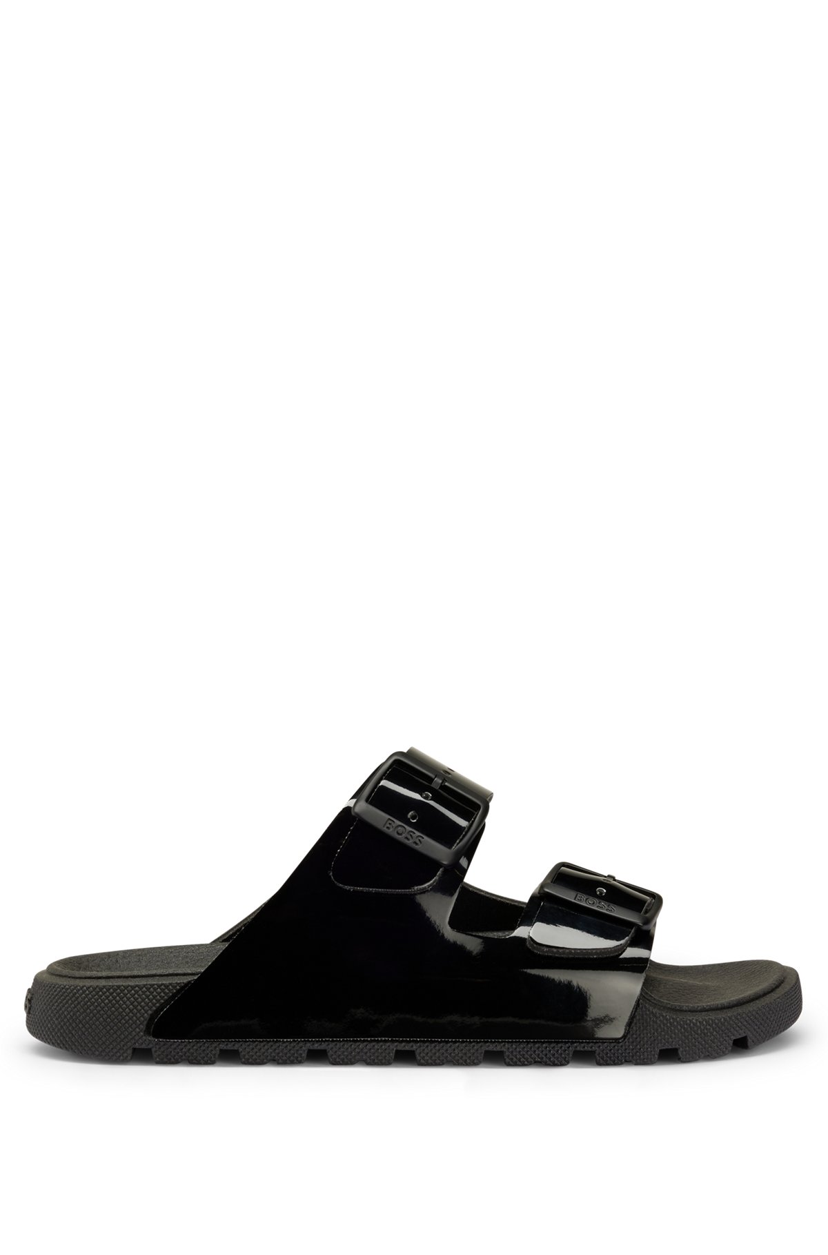Glossy twin-strap sandals with logo buckles, Black