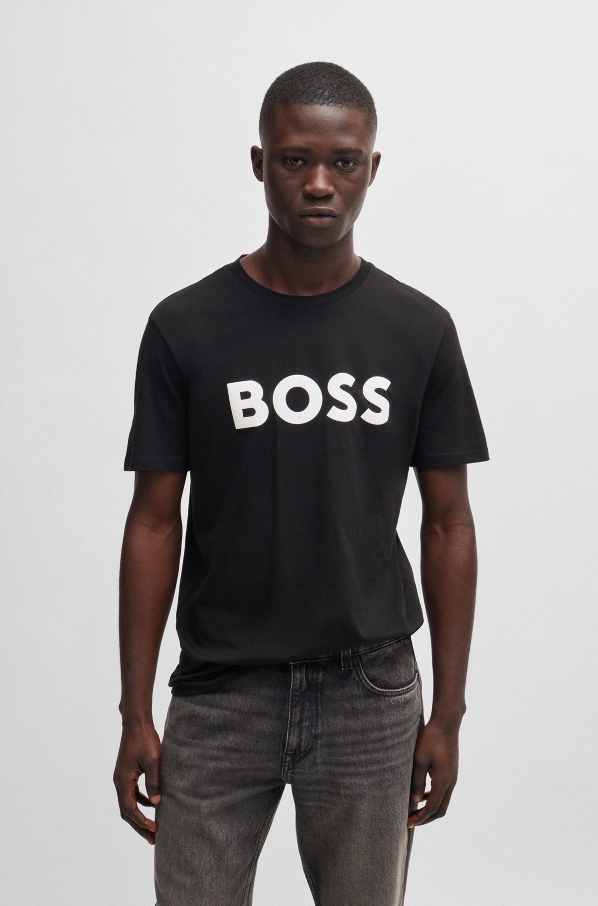 BOSS - コットンジャージー Tシャツ ラバープリントロゴ付き