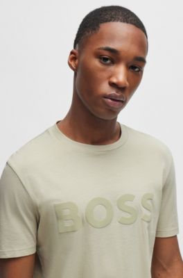 Cotton-jersey T-shirt with large logo print, Light Beige