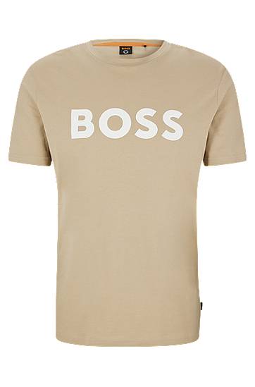 Hugo Boss Cotton-jersey T-shirt With Rubber-print Logo In Neutrals