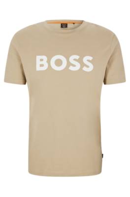 Hugo Boss Cotton-jersey T-shirt With Rubber-print Logo In Neutrals