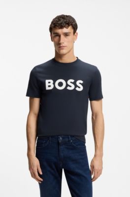 Cotton-jersey T-shirt with large logo print, Dark Blue