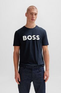 Cotton-jersey T-shirt with rubber-print logo, Dark Blue