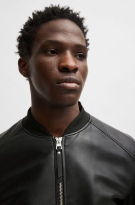 Slim-fit bomber jacket in leather, Black