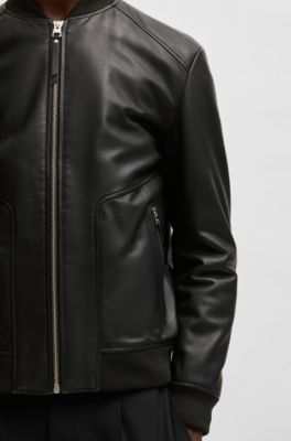 Slim-fit bomber jacket in leather, Black