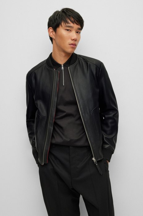 Slim-fit jacket in lamb leather with contrast lining, Black