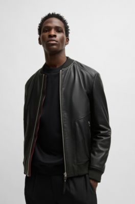 Slim-fit bomber jacket in leather, Black