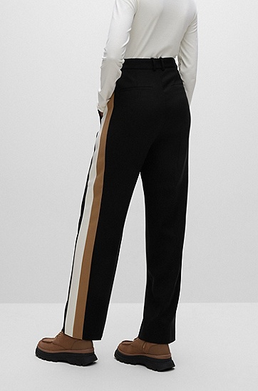 常规版型经典条纹装饰弹力斜纹布长裤,  001_Black