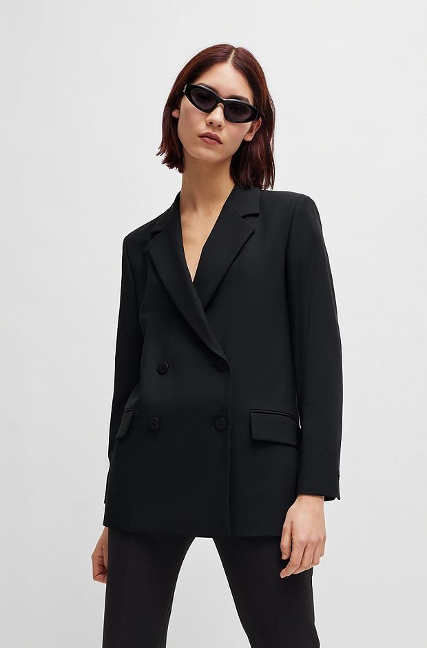 Двубортный пиджак свободного кроя из эластичной ткани, Черный