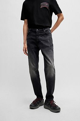 HUGO - Tapered-fit jeans in black comfort-stretch denim