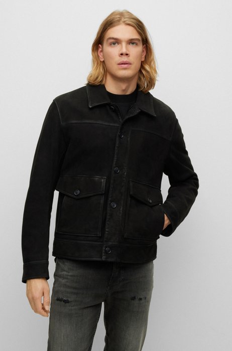 Nappa-leather trucker jacket with detachable shearling collar, Black