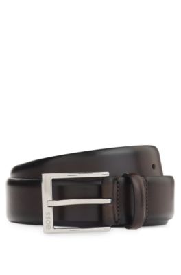 Italian-made belt with branded buckle, Dark Brown