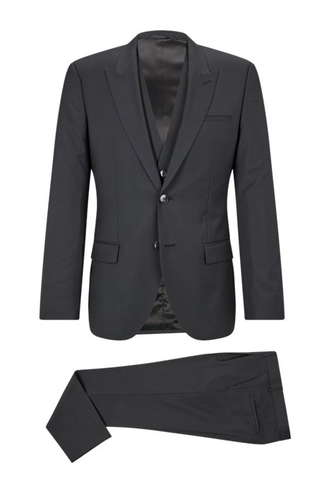 Three-piece slim-fit suit in virgin wool, Black