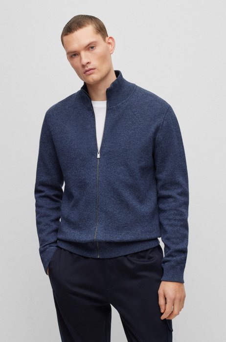 Regular-fit cardigan in cotton and virgin wool, Dark Blue