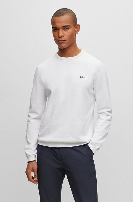 Organic-cotton regular-fit sweater with curved logo, White