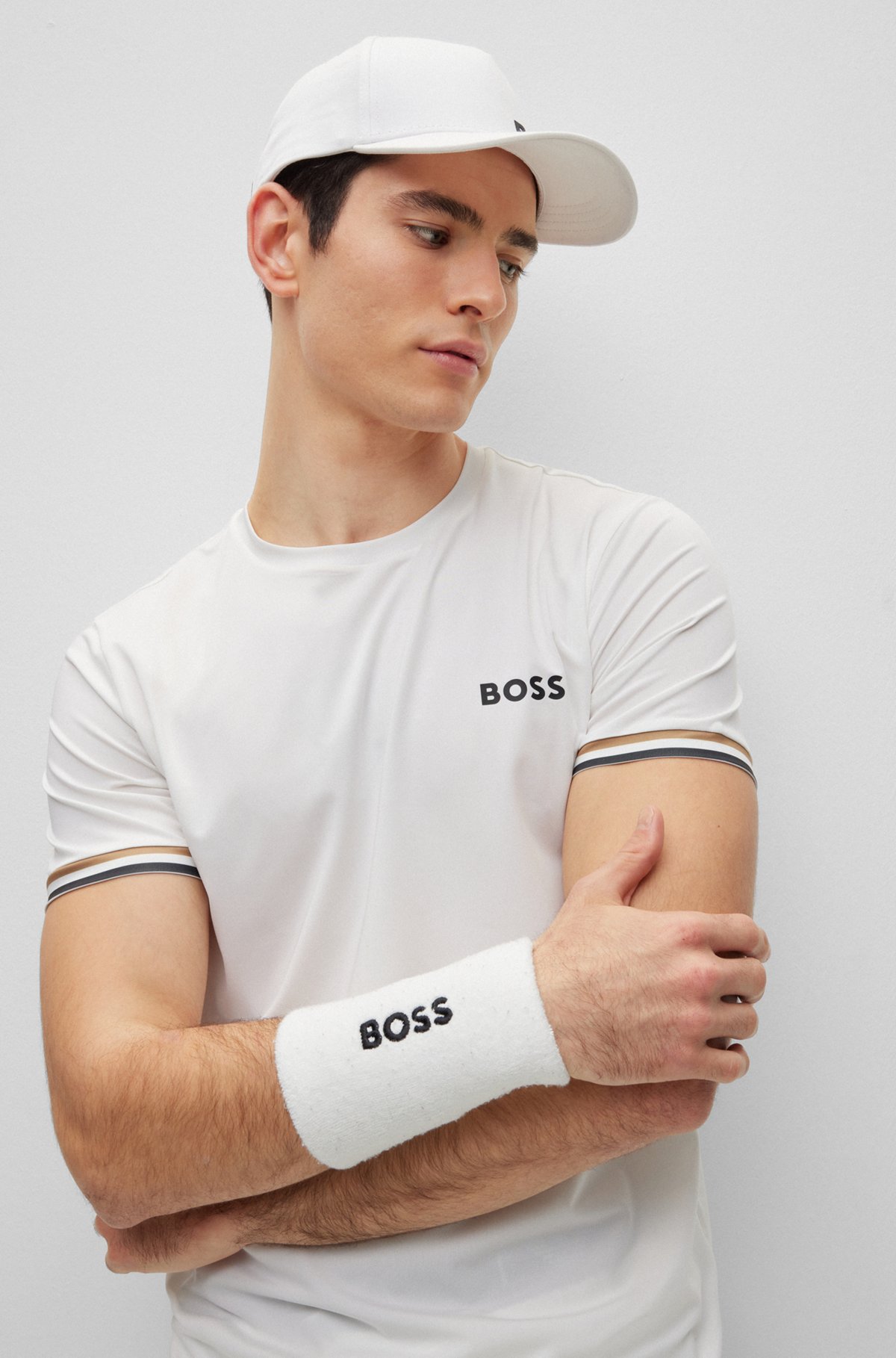 T-shirt de com gola redonda com logótipo BOSS x Matteo Berrettini com riscas características, Branco