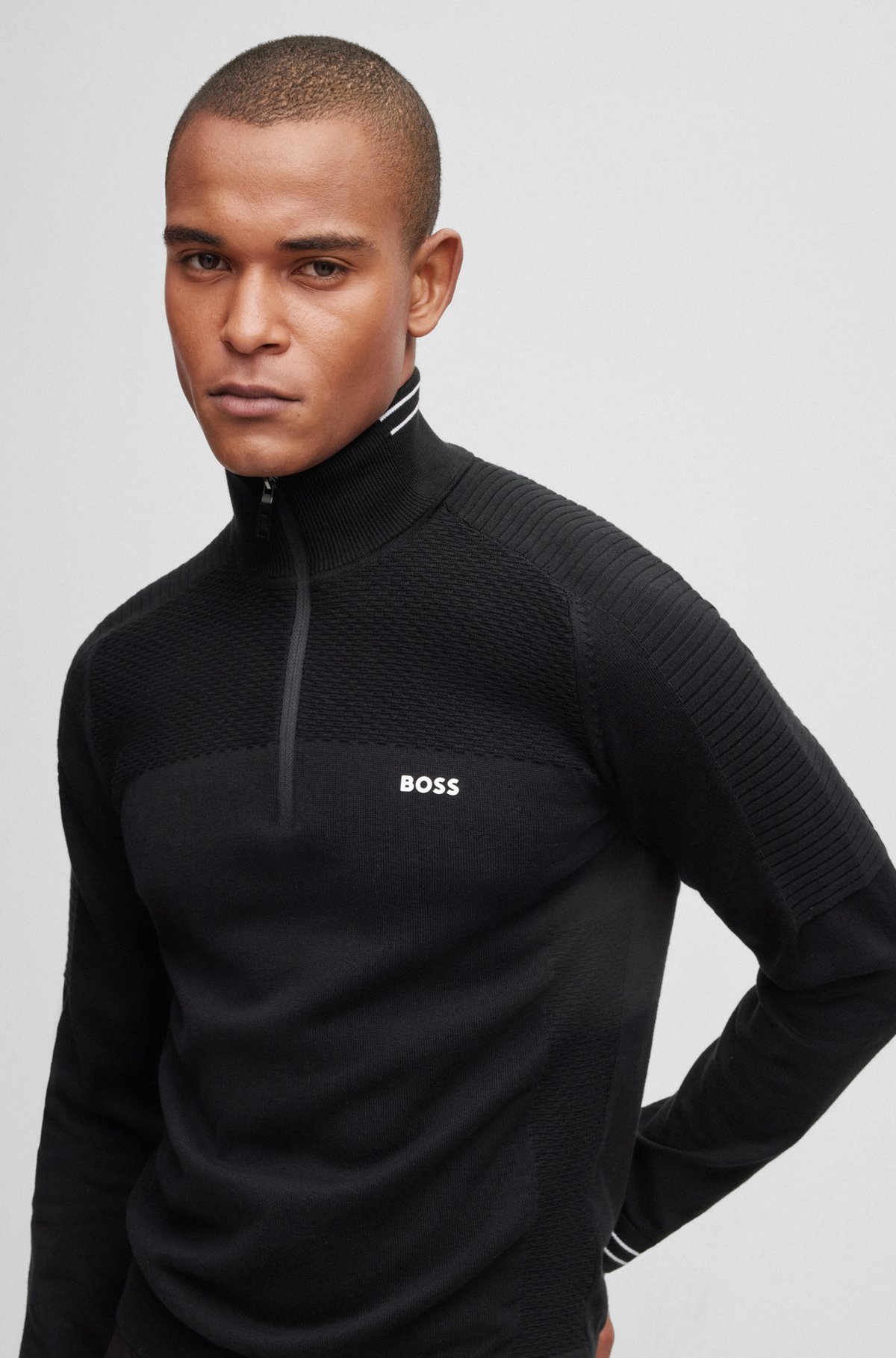 BOSS - Organic-cotton zip-neck sweater with logo print