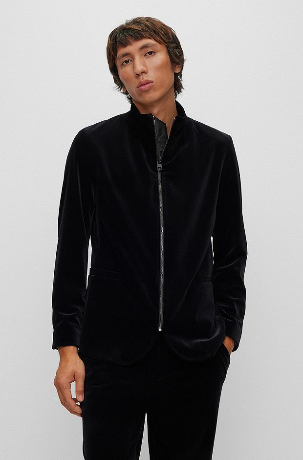 Extra-slim-fit jacket in stretch velvet, Black