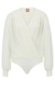 Long-sleeved bodysuit in washed silk with wrap front, White