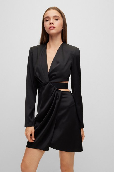 Long-sleeved mini dress with cut-out details, Black