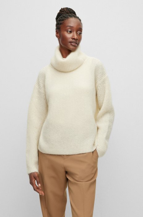 Oversized-fit sweater with rolled neckline in wool blend, White