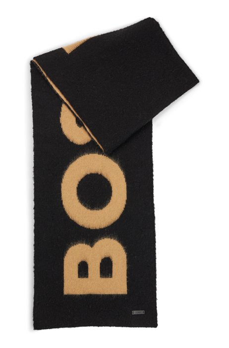 Wool-blend scarf with logo jacquard and brushed finish, Black