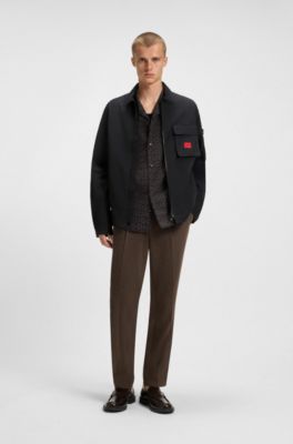 Zip-up cotton-blend canvas overshirt with logo label, Black