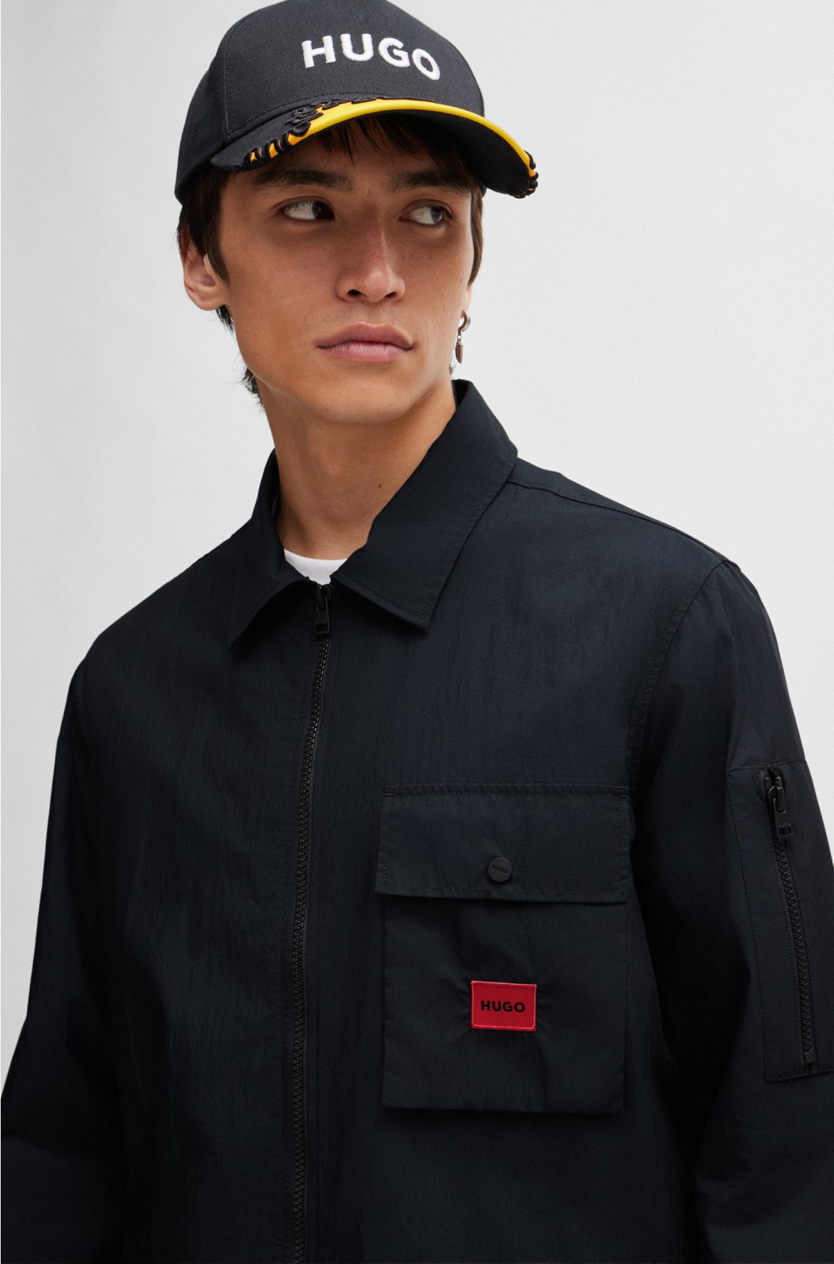 Zip-up cotton-blend canvas overshirt with logo label, Black