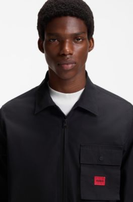Zip-up cotton-blend canvas overshirt with logo label, Black