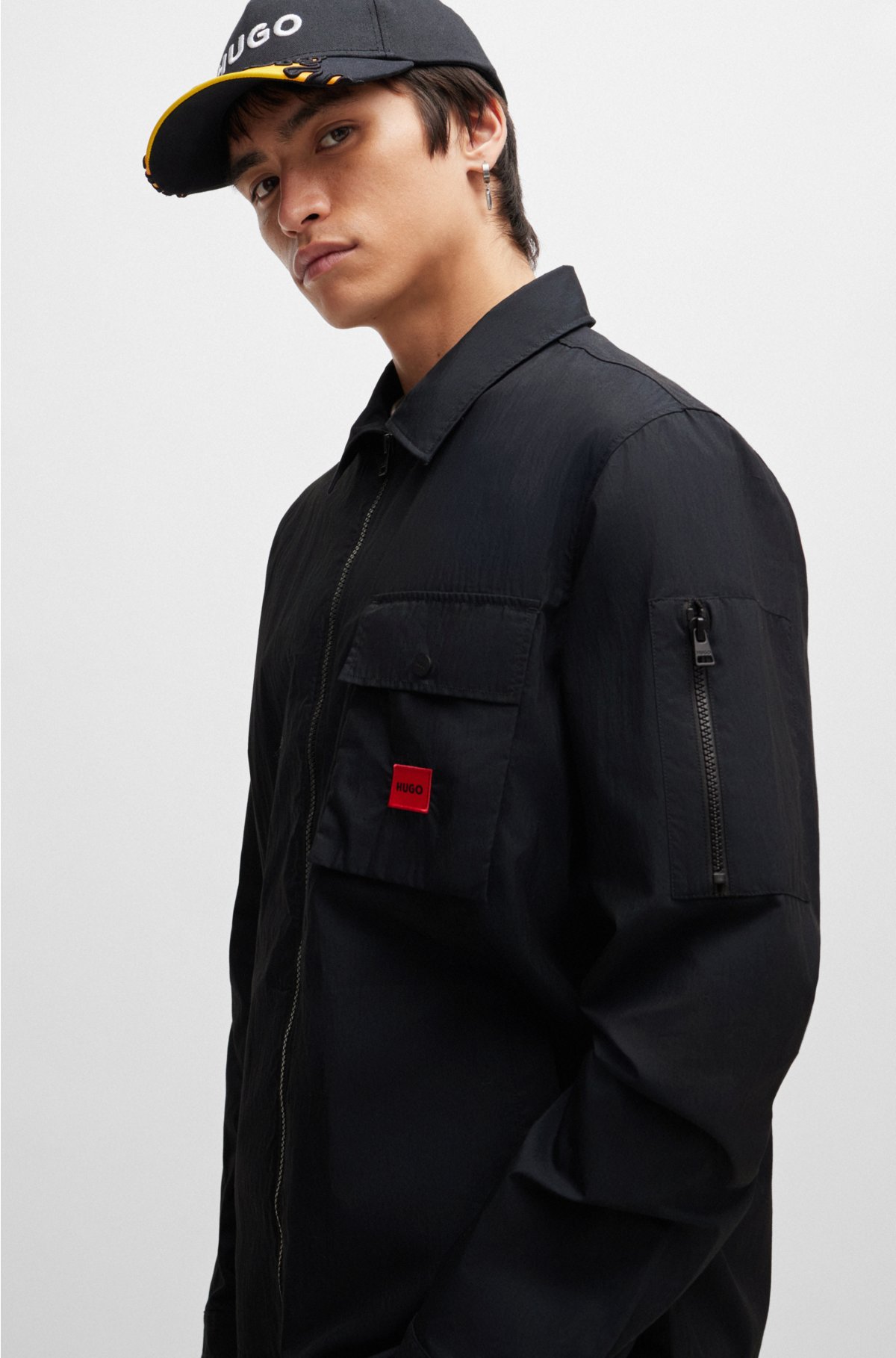 Zip-up cotton-blend canvas overshirt with logo label, Black