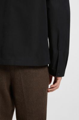 Zip-up cotton-blend canvas overshirt with logo label, Black