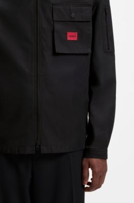 Zip-up cotton-blend canvas overshirt with logo label, Black