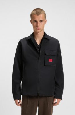 Zip-up cotton-blend canvas overshirt with logo label, Black