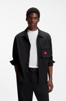 Zip-up cotton-blend canvas overshirt with logo label, Black