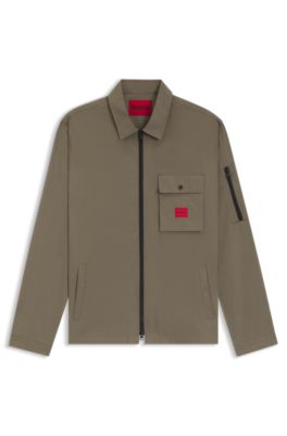 Zip-up cotton-blend canvas overshirt with logo label, Grey