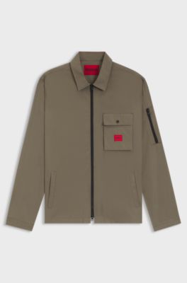 Zip-up cotton-blend canvas overshirt with logo label, Grey