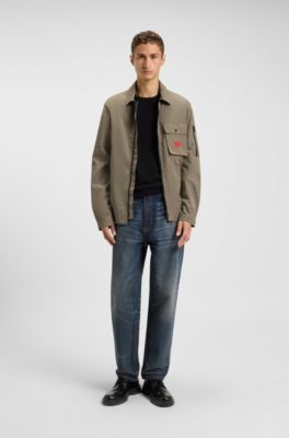Surchemise zipp&eacute;e en toile de coton m&eacute;lang&eacute; avec &eacute;tiquette logo, Gris